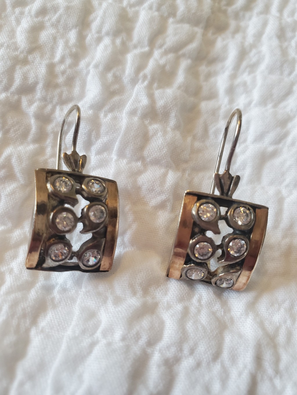 Vintage Silver Drop Earrings With Clear Rhinestones